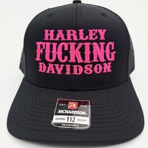 Biker Harley Fing Davidson Trucker Hat - Neon Pink Embroidery Richardson 112 80s